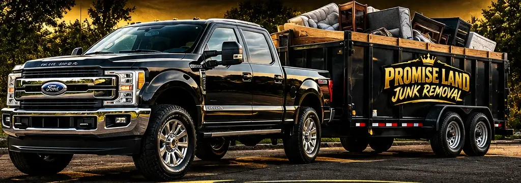 Black pickup and hauling trailer depicted in Promise Land's supplied brand artwork